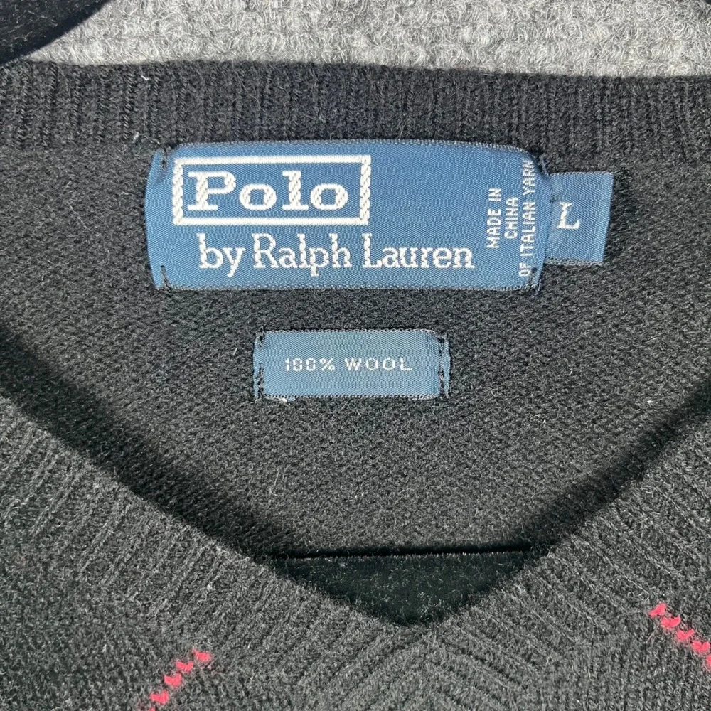 Polo Ralph Lauren Argyle Sweater Mens L Black Wool V-Neck Italian Yarn